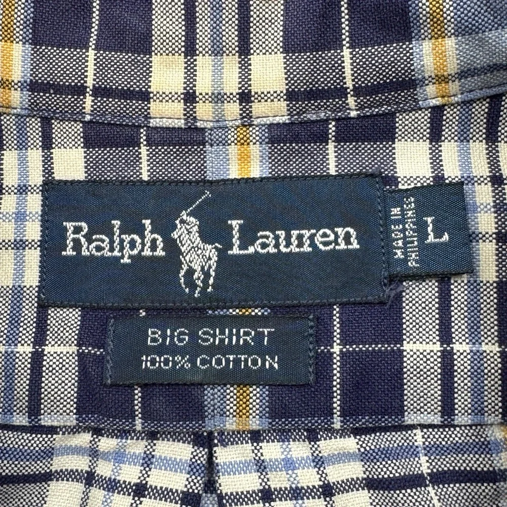 Polo Ralph‎ Lauren BIG Shirt Men Lg Blue Plaid Cotton Button Down Oxford Shirt